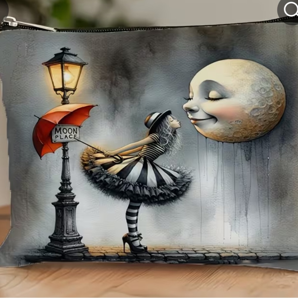 Whimsical Moonlit Girl Cosmetic Pouch - Gray & Black with Red Accent - Picture 5 of 5